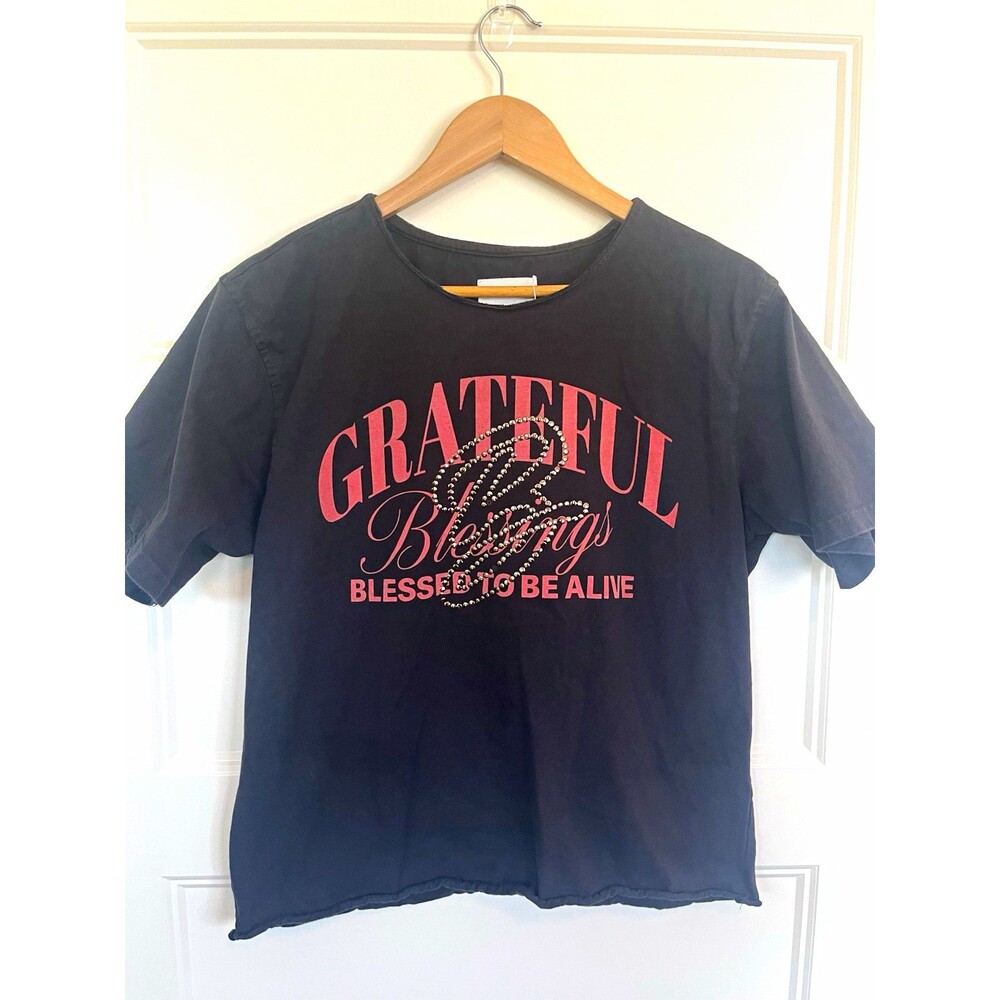 Public Supply NYC Grateful Blessings T-Shirt Relaxed Black Raw Edge Rhinestone L